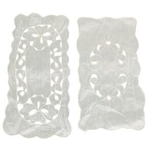 Linen Doily Set of 2 White Floral Flowers Rectangle Small 11"x5" Cutwork Lace